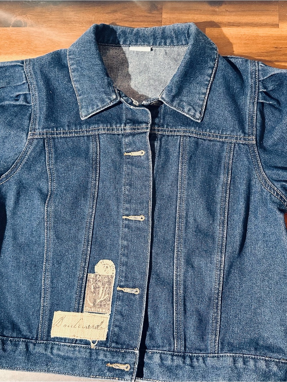 Classic Dark Blue Denim Puff-Sleeve Jacket